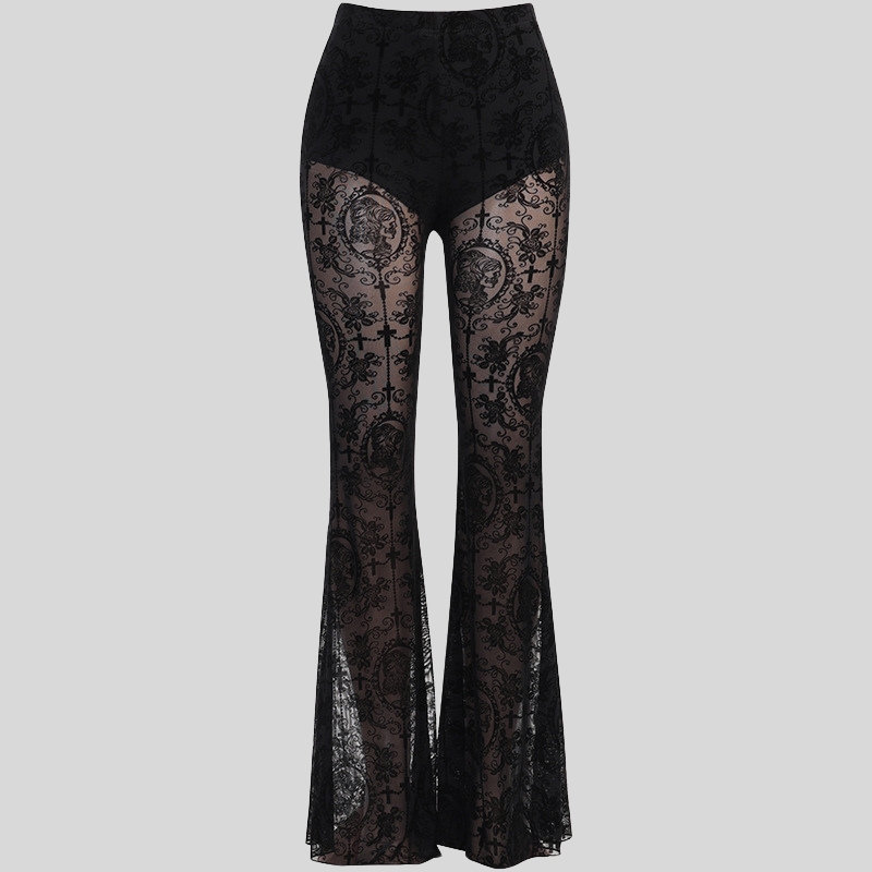 Summer new best-selling women's casual pants dark and sexy slim-fit printed lace high-waisted flared pants for women