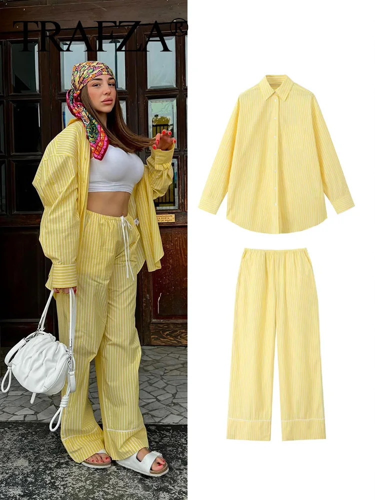 TRAFZA Women Casual Pants Set Yellow Striped High Waist Loose Pant Large Shirt Elegant Style Holiday Street Trends 250122