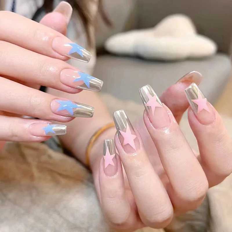 Short Square Fake Nails Y2K Style Nails Press on White/Black French Tips Star Diamond Designs False Nails for y2k Girls 24PcsW250120