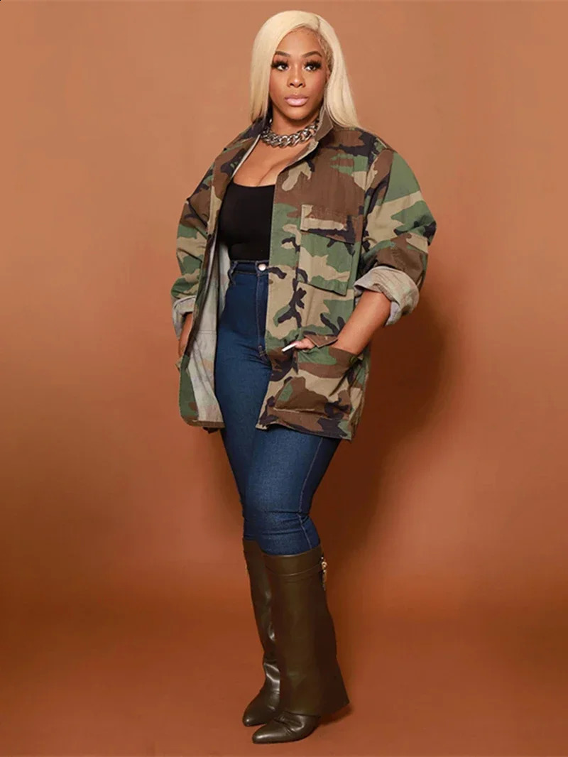 Camouflage Print Big Pocket Jacket Spring INS Clothing Long Sleeve Camo Trench Coat Casual Oversize Cardigan Top Outwear 250114