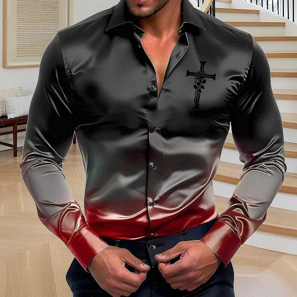 New color changing lapel mens button up shirt with printed long sleeves fashionable and comfortable outdoor street holiday shiXJ250121