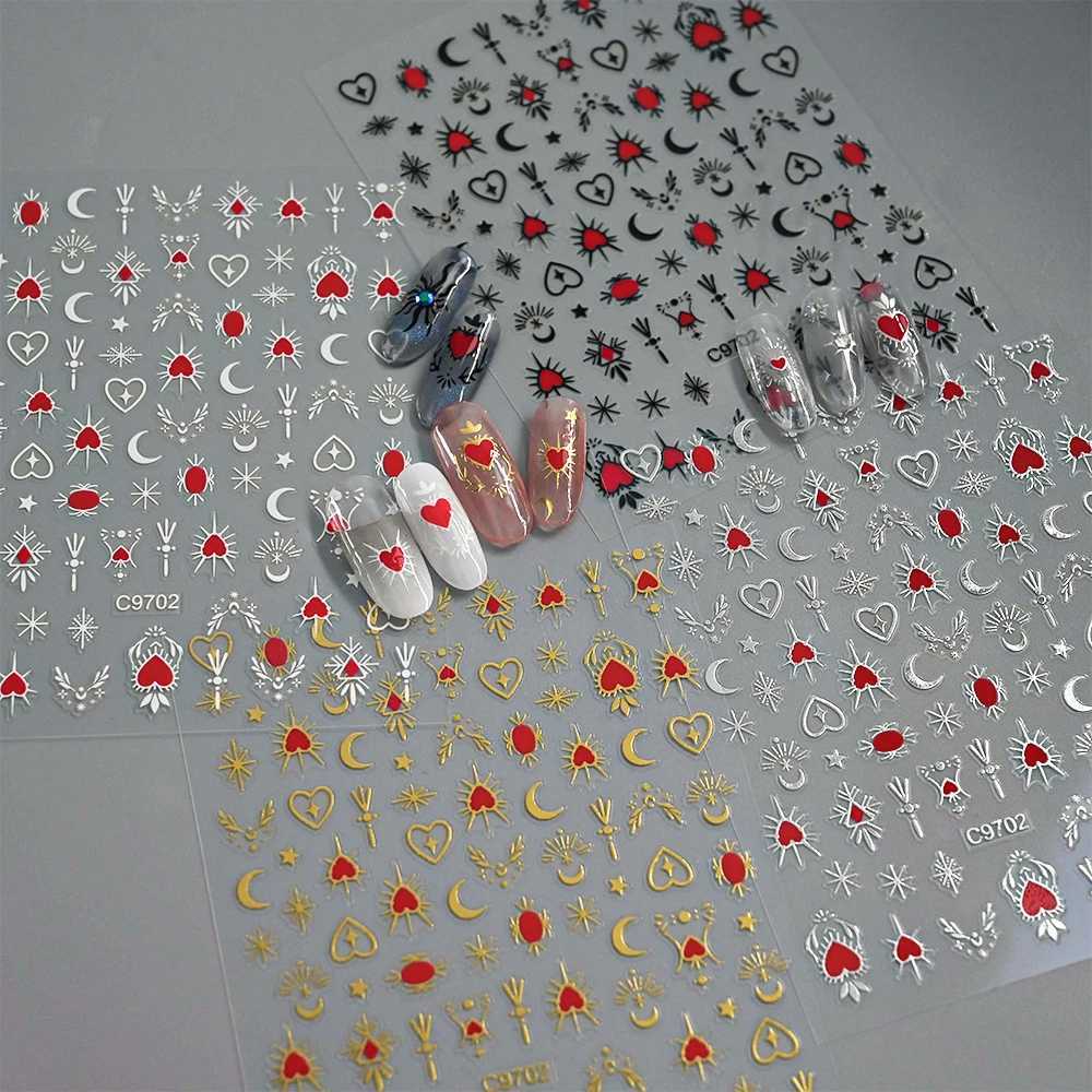8Pcs Red Heart Nail Stickers 3D Bronzing Silver Gold Heart Shape Star Moon Metal Totem Nail Slider Self-Adhesive DIY Nail Art*XJ250120