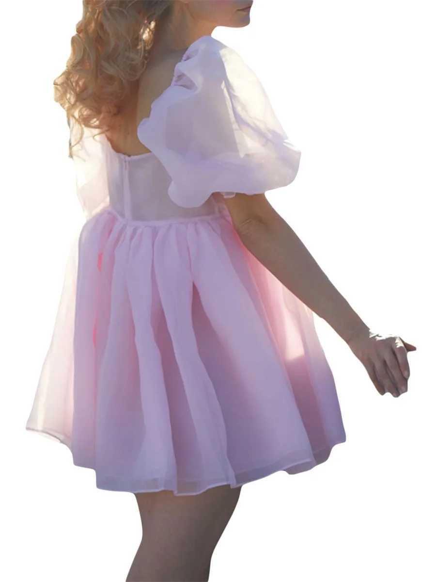 Women Summer Puffy Dress Solid Color Square Neck Bubble Sve Short Dress for Ladies Pink YellowXJ250115