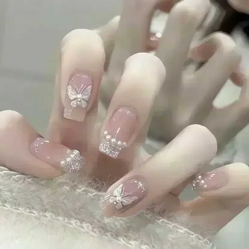 24Pcs Glitter Diamond Press On Nails B Pink Cat Eye Fake Nails Sweet Cute Coffin Full Cover Short Square False Nail Tips ArtW250120