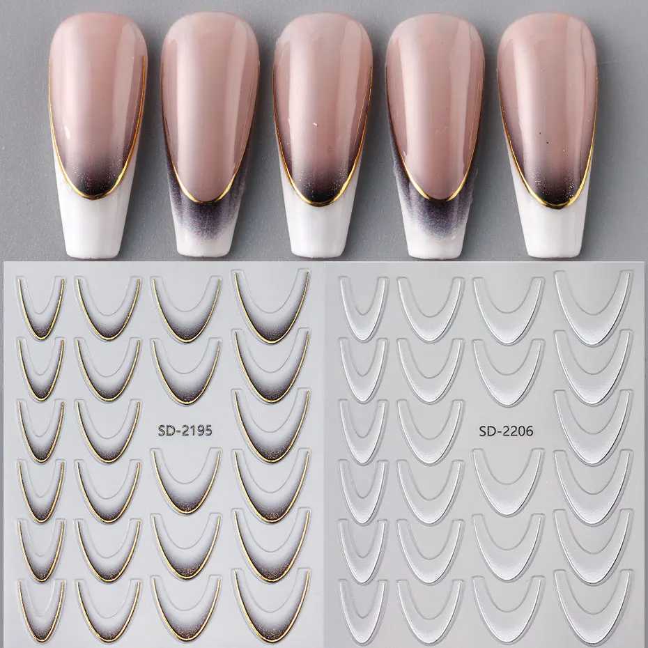 2/4pcs Gradient French Nail Decals Brozing Gold Silver Curved Striped Design Glitter Sticker 3D Dreamy Crescent Manicure SliderXJ250120
