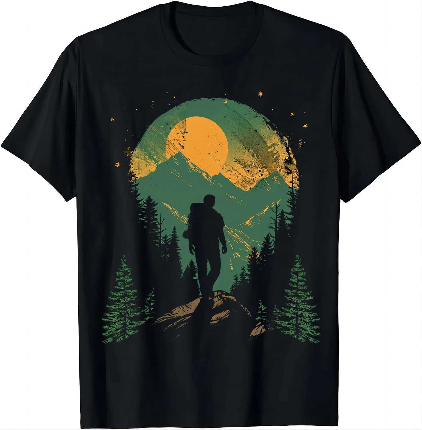 Retro style Hiker T-shirt with mountain print graphic T-shirt mens clothing top Camisas Streetwear Ropa Hombre X250203