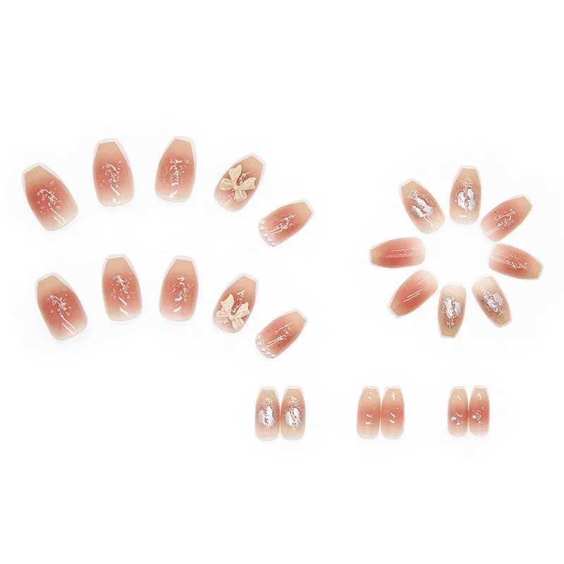 l Butterfly 24 Pcs Press on Nails Pink Gradient Fake Nails Glossy Artificial Finger Manicure Reusable False NailsW250120