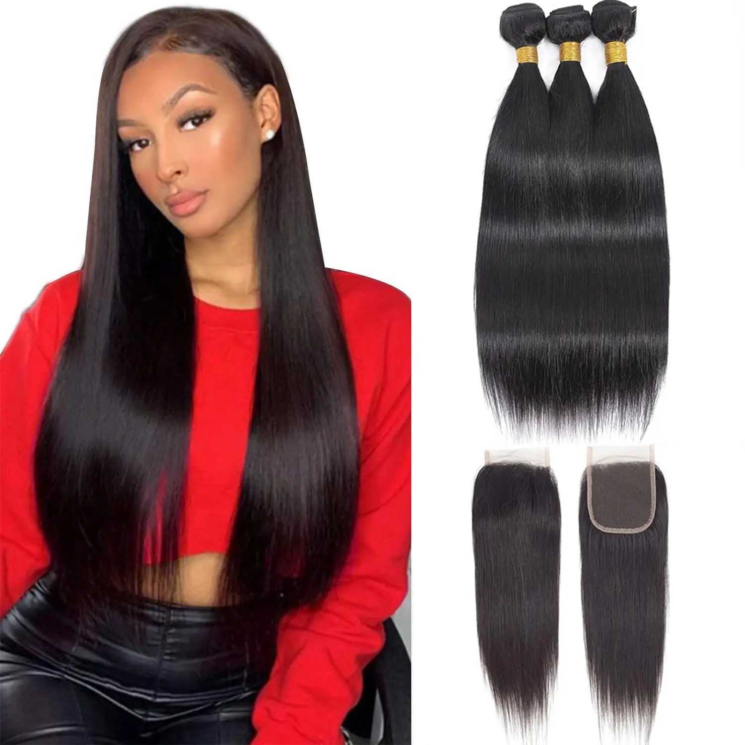 Straight Bundles and Clo Brazilian Human Hair 3 Bundles with 4x4 Transparent Lace Clo Pre Plucked Natural Color #1BXJ250120