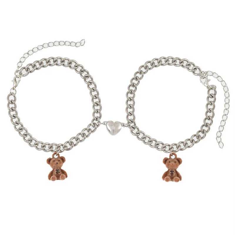 2Pcs New Plush Bear Couple Magnet Bracelets Stainless Steel Heart Chain Bracelet Unisex Friendship Valentines Day Jewelry W250121