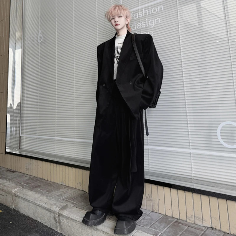 PFNW 2025 Spring Sets Lapel Loose Mens Double Breasted Suit Belt Casual Wide Leg Pants Suit Suede Retro Runway Niche 250121