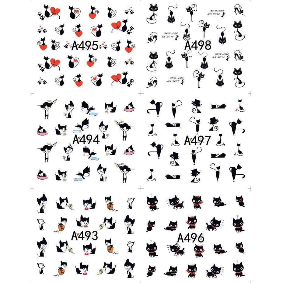 12pcs Black Cat Stickers Nail Decals Love Heart Cartoon Nail Art Water Sliders Tattoo Decorations Valentine Manicure TRA493-504XJ250120