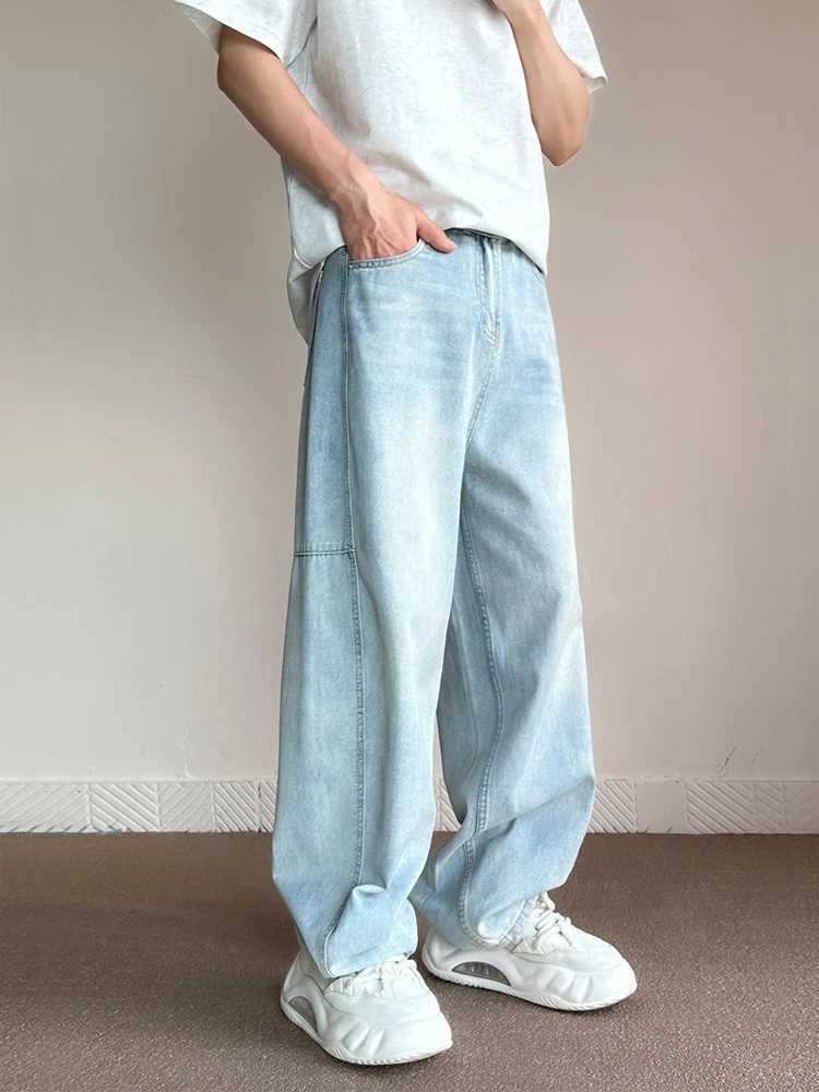 Mens Baggy Wide Legs Jeans Korean Fashion Streetwear Light Blue Patchwork Trend Y2K Loose Pants Washed Male Trousers W250118