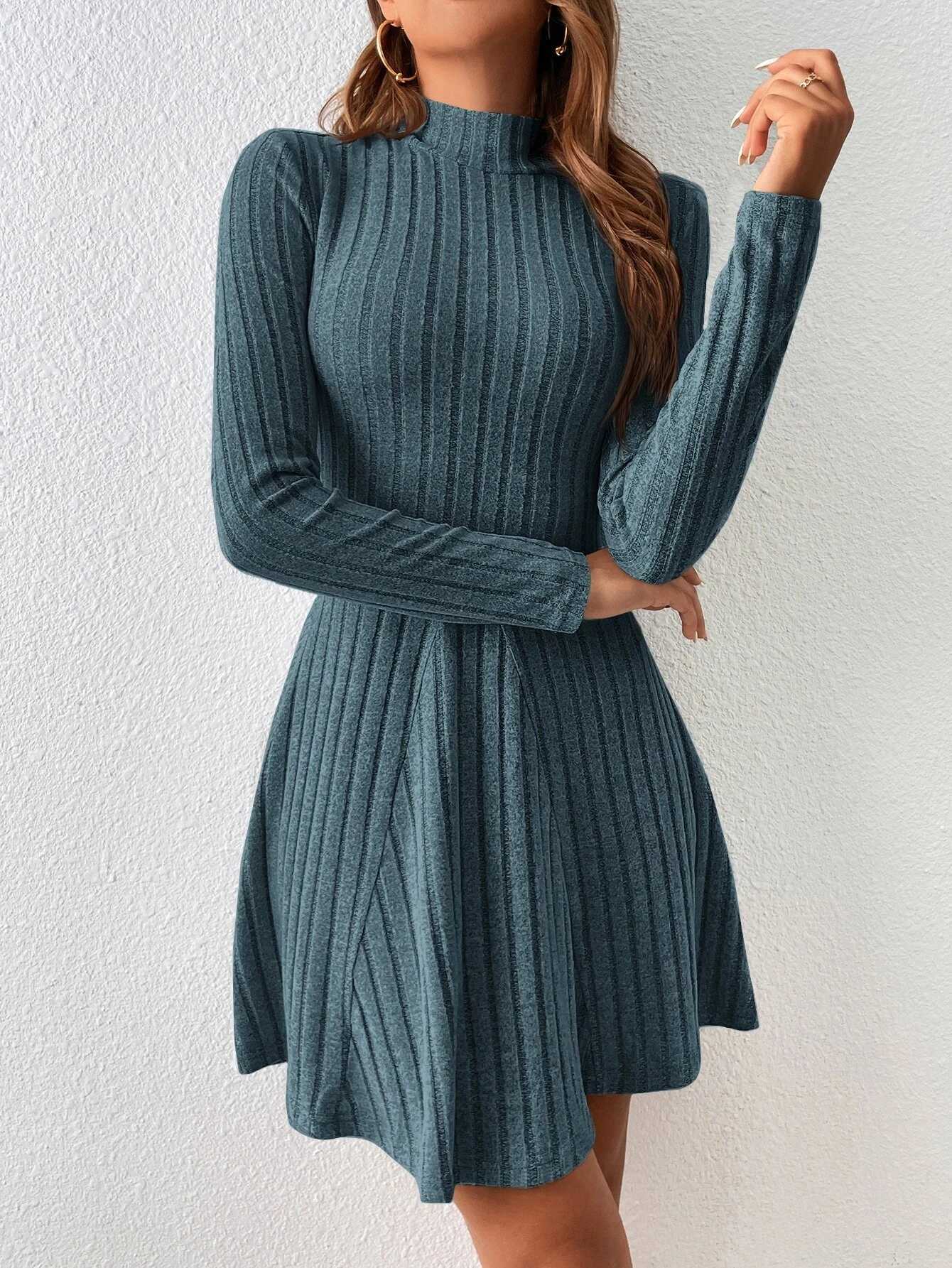 Mia se Womens Dresses Fall Winter Simple Solid Color Long Sve Mock Neck A Line High Waisted Flare Hem Casual Short DressesXJ250115