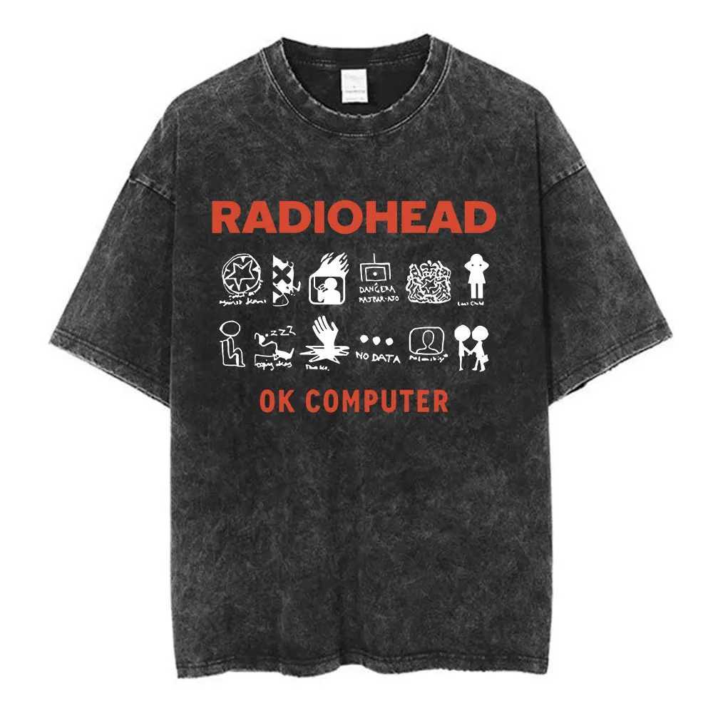 Radiohead Rock Band OK Computer Vintage Washed T-shirt Men Women Fashion Hip Hop T-Shirts 100% Cotton Casual T-shirts Streetwear X250203