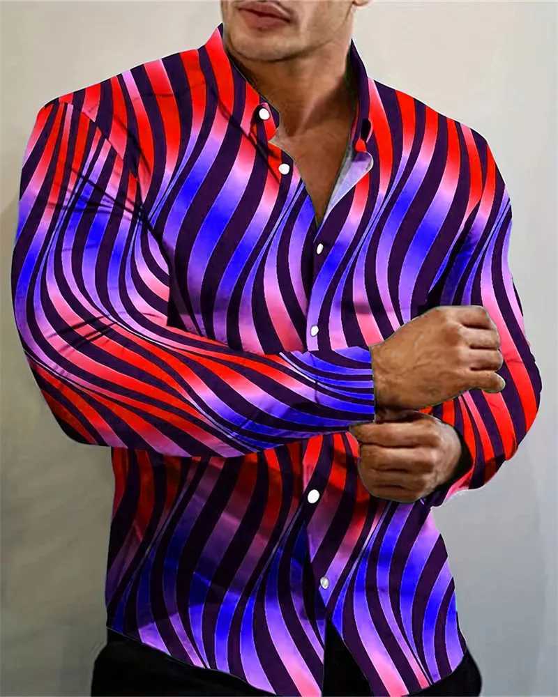 New Fashion Mens Shirts 3D Color Line Printing Mens Casual Button Long Sleeve Shirts Mens Spring Summer Autumn Tops MenXJ250121