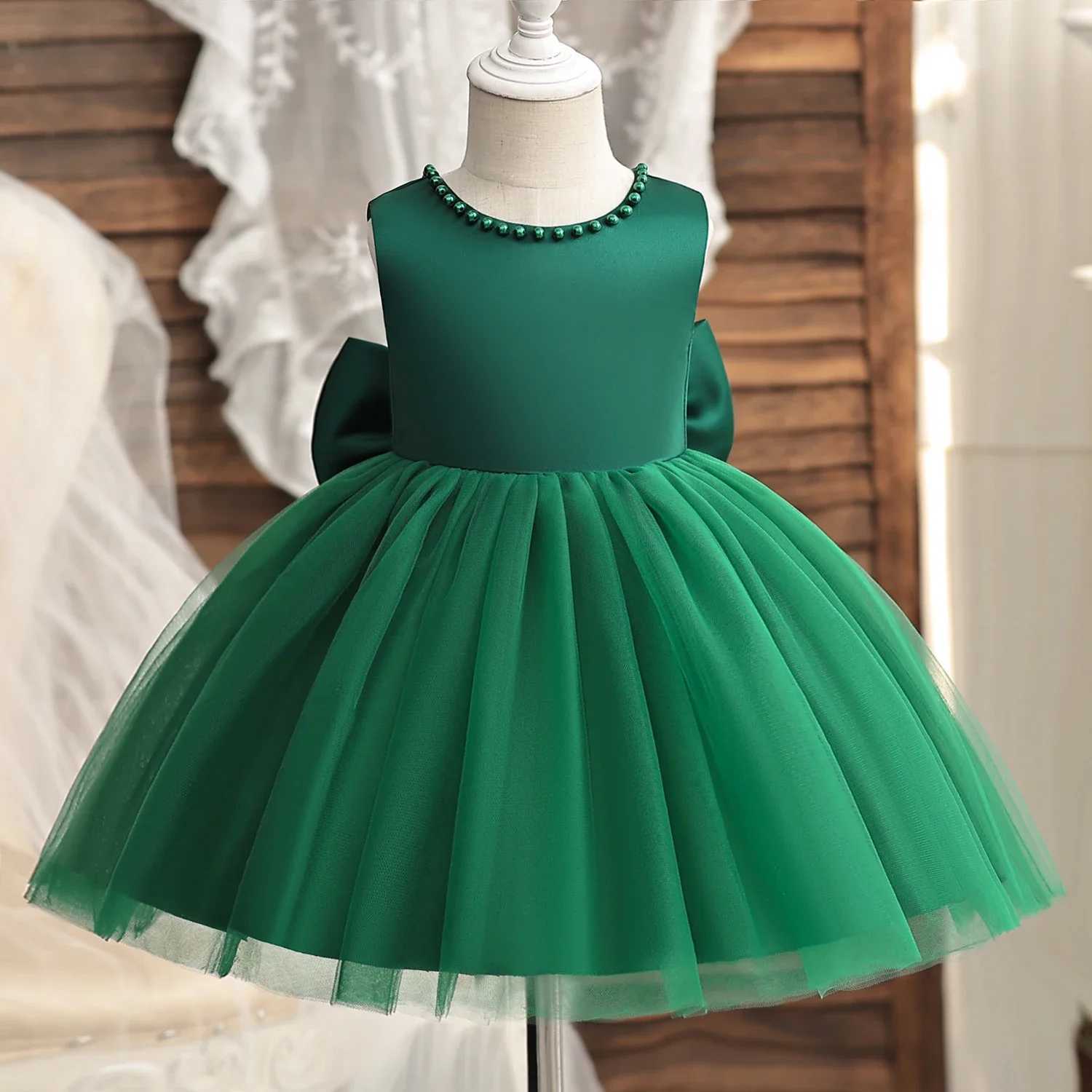 2024 Baby Bath Dress Girls and Childrens Wedding Party Dress Bow Bead Chiffon Christmas Dress X250203