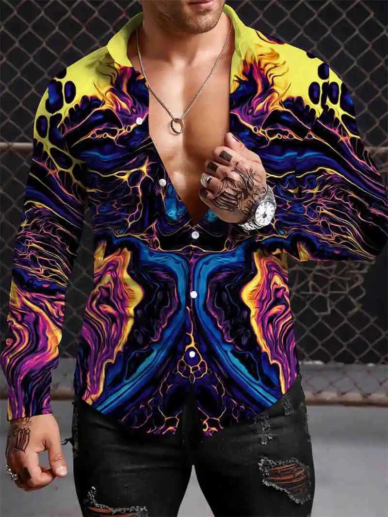 2023 Summer Y2K Men Shirt Fashion 3D Printing Shirts Pattern Casual Oversized Long-sleeved Shirt Fitting Tops ClothingXJ250121
