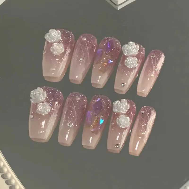 White Camellia 24 Pcs Press on Nails Pink Gradient Fake Nails Glossy Artificial Finger Manicure Reusable False NailsW250120