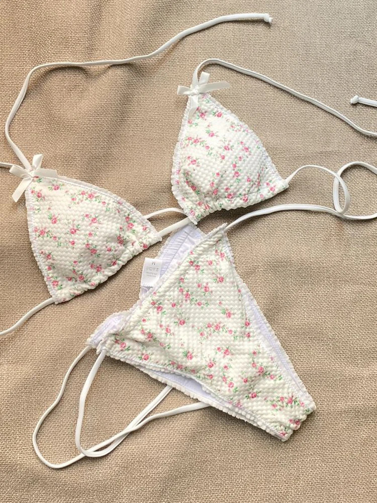 Patchwork Bikinis String Bikini Set Ruffles Side Swimwear Women Sexy Swimsuit Woman Halter Bathing Suits Two Piece Beachwear 250121