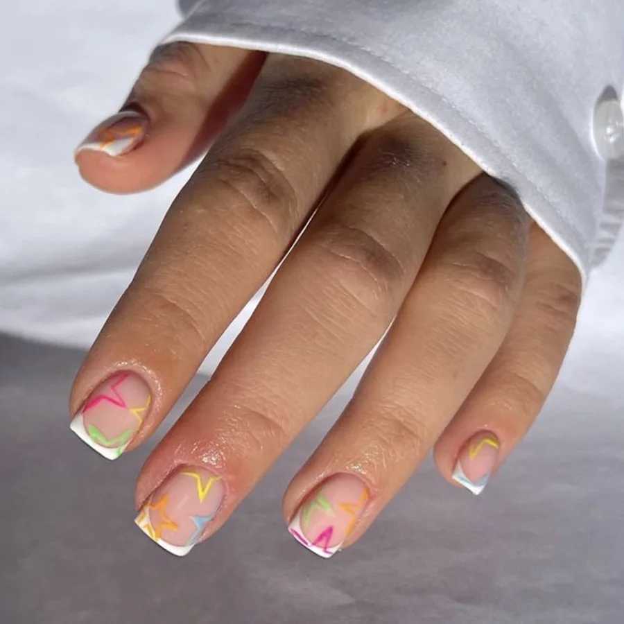 Short Square Fake Nails Y2K Style Nails Press on White/Black French Tips Star Diamond Designs False Nails for y2k Girls 24PcsW250120