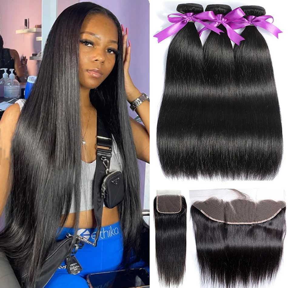 Bone Straight Brazilian 3/4 Bundles With 13X4 Clo Frontal Transparent HD Lace Clo With Bundles Hiar Weave extensionsXJ250120
