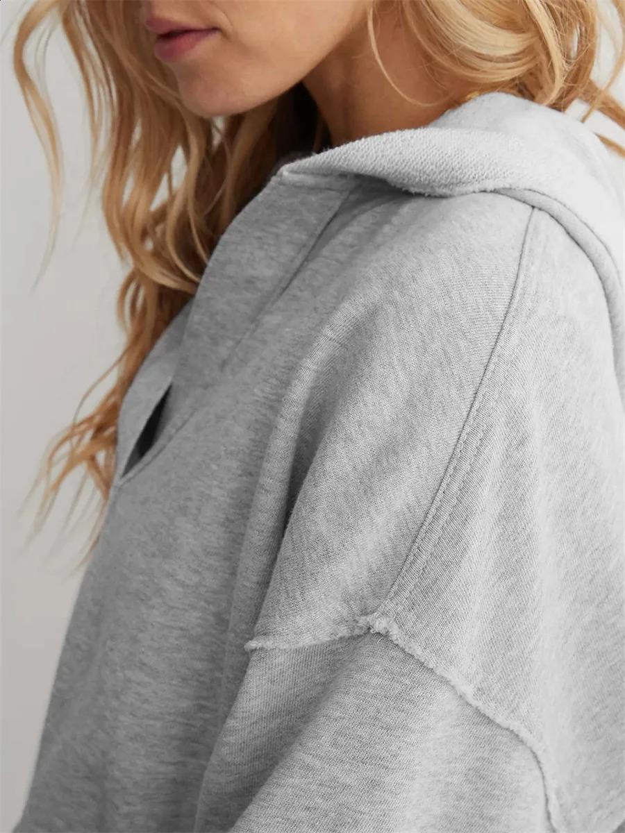 Womens Spring Autumn Hooded Sweatshirt Casual Loose Long Sleeve Solid Color V Neck Crop Hoodie Female Oversized Pullovers Tops 250121