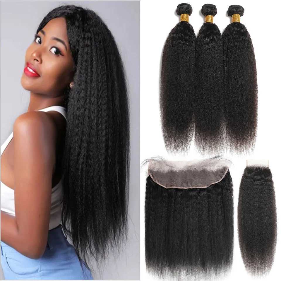 Kinky Straight Hair Bundles With Frontal Natural Human Hair Bundles With Clo Brazilian Hair Weave Bundles With Lace FrontalXJ250120