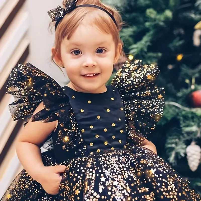 Baby Girls Flying Sleeves Bow Star Sequins Princess Dress For Toddler Formal Banquet Baptism Birthday Party Puffy Ball Gown 0-5Y X250203