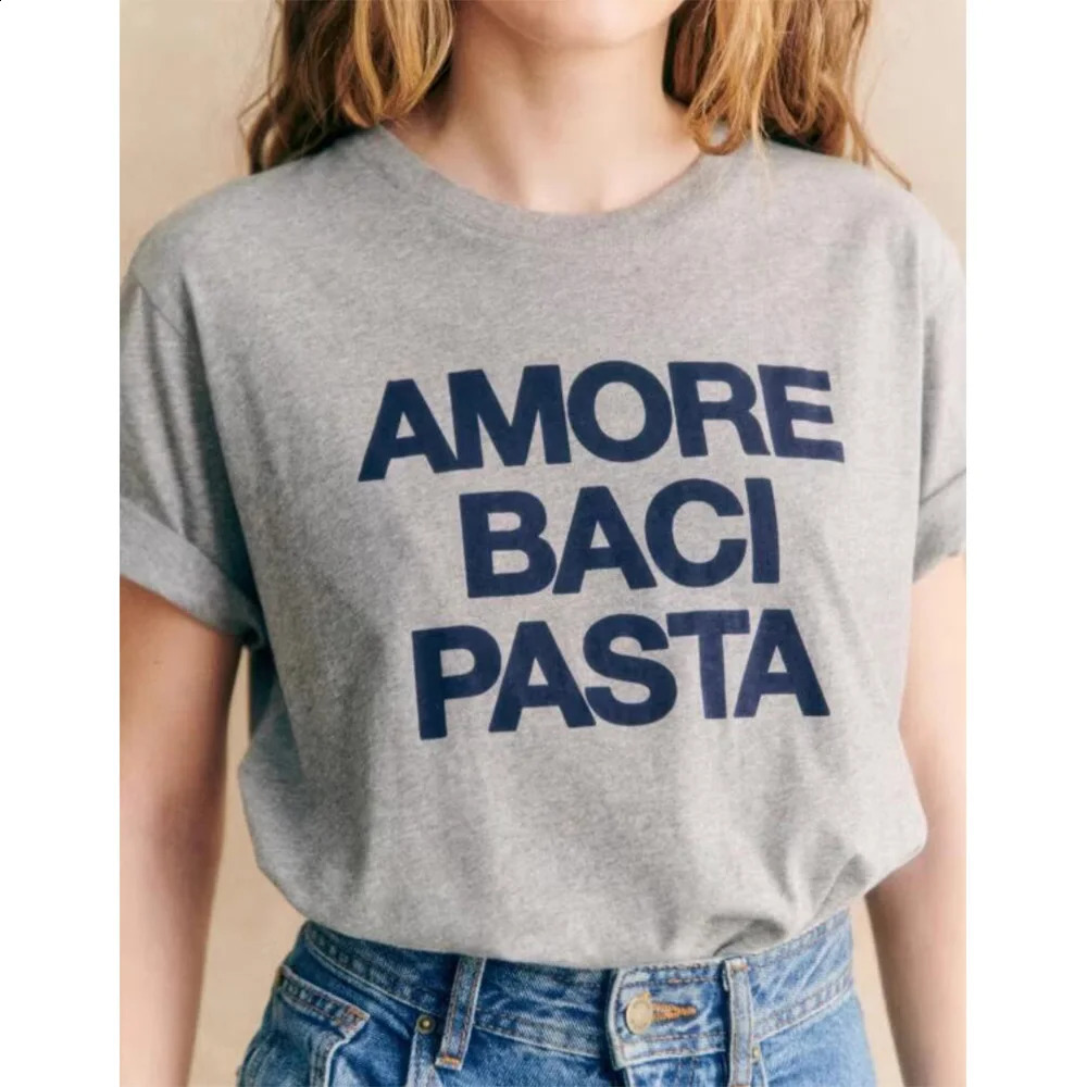 Amore Baci Pasta Letters Printing Summer Gray T Shirt Women Loose Cotton Casual Tops Tees Vintage Style Elegant Shirts 250122