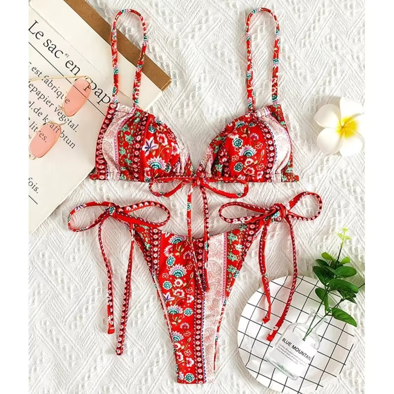 BIQIUYYI New Ral Print String Bandage Bikinis Triangle Cup Push Up Swimsuit Women Bathing Suit Beachwear Halter Swimwear XS