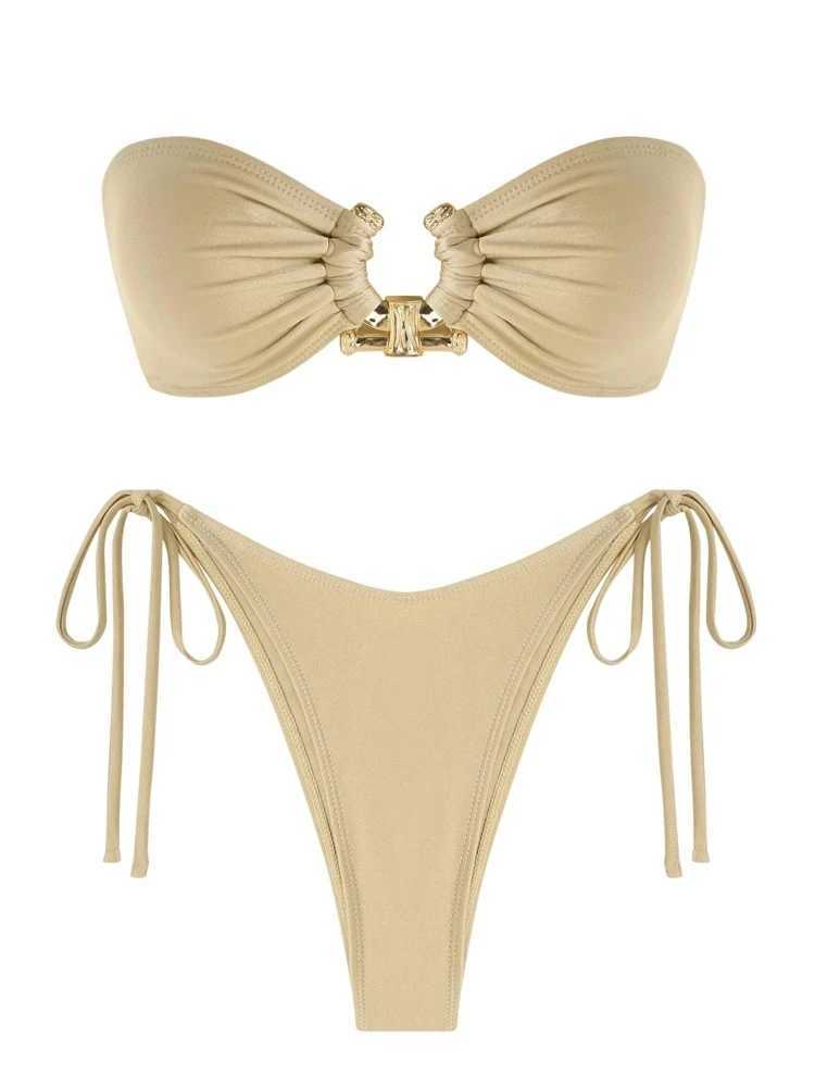 Womens Swimsuit Strapless Solid Bandeau Bikinis High Cut Tube Bikini Set Swimwear Push Up Tops Tie Side Bathing Suit BeachwearXJ250120