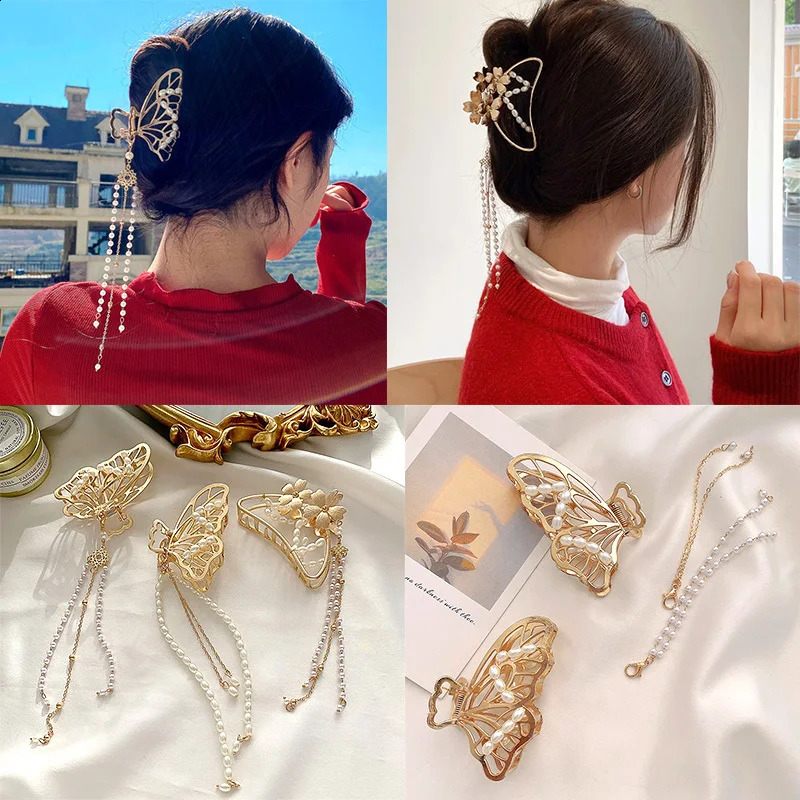 Korean Butterfly Tassel Bead Pendant Hair Claw For Women Fashion Hollow Gold Silver Color Metal Hair Clips Girl Hair Accessories 250120
