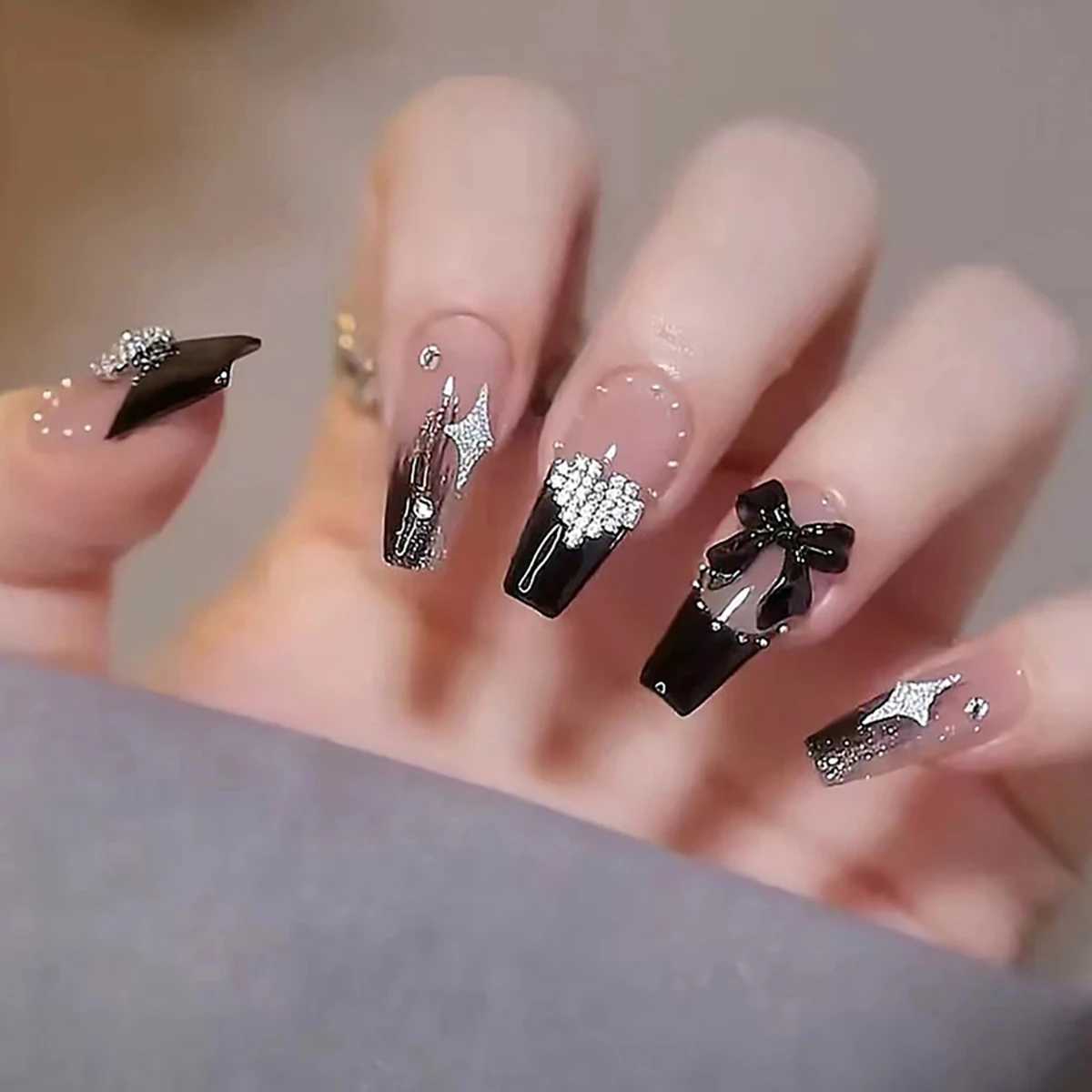French Style False Nails Glitte Bow Design Fake Nail Patch False Nail Patch Mid Length Coffin Ballerina Acrylic Artificial NailsW250120