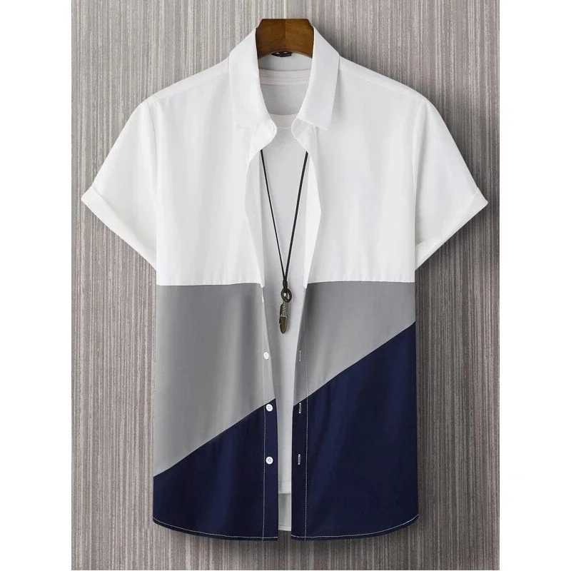 Men Blouses 3D Print Trichromatic splicing Shirt Man Woman Casual Fashion Short Sleeves Shirts Button Lapel Streetwear ClothesXJ250121