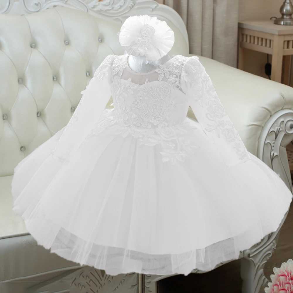 Long Sleeve White Baptism Baby Girl Wedding Dress Applique Bow 1st Birthday Party Princess Dresses Girls Toddler Tulle Prom Gown X250203