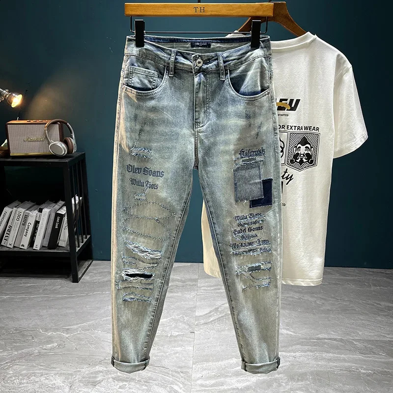 Trendy European Style Mens Jeans 2024 Slim Fit Embroidered Casual Denim Pants High End Shorts Size Variation Colorful 250110