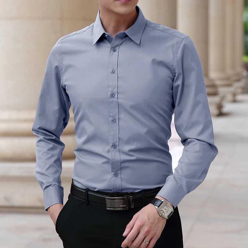 Business Mens Long Sleeve Shirts Elegant Solid Plain Bamboo Fiber Office Formal Dress Shirt Casual Standard Male Workwear ShirtXJ250121