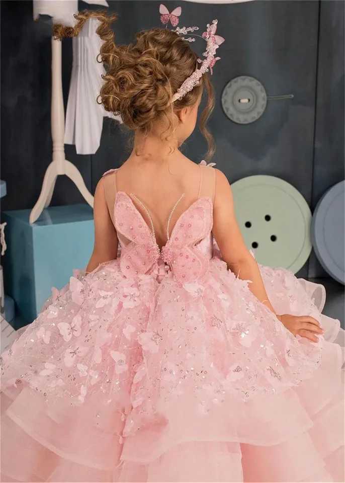 Pink Puffy Sleeveless Appliqu Flower Girl Dress Pretty Princess Dress First Communion Child Butterfly Childrens Clothing X250203