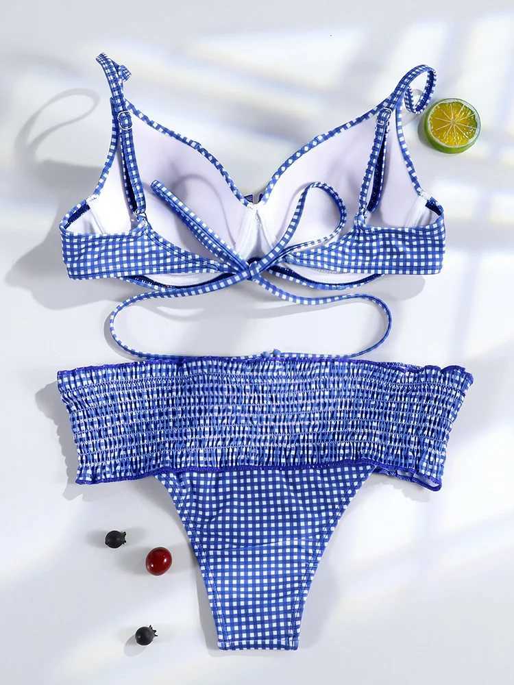 Miyouj Push Up Bikini Set Plaid Print Swimwear Sexy Swimsuit Women String Beachwear Pleated Bathing Suits Ruffle BiquiniXJ250120