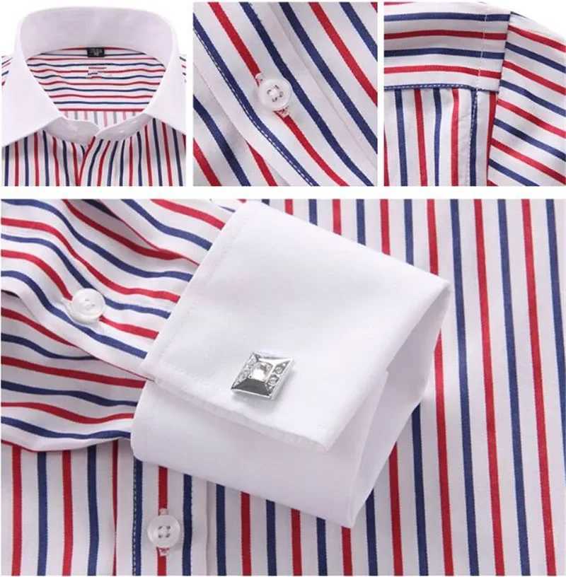 Quality Men Casual Slim Fit Shirt Mens Long Sleeve Business Dress Shirts French Cufflinks Shirt Male Striped ShirtXJ250121