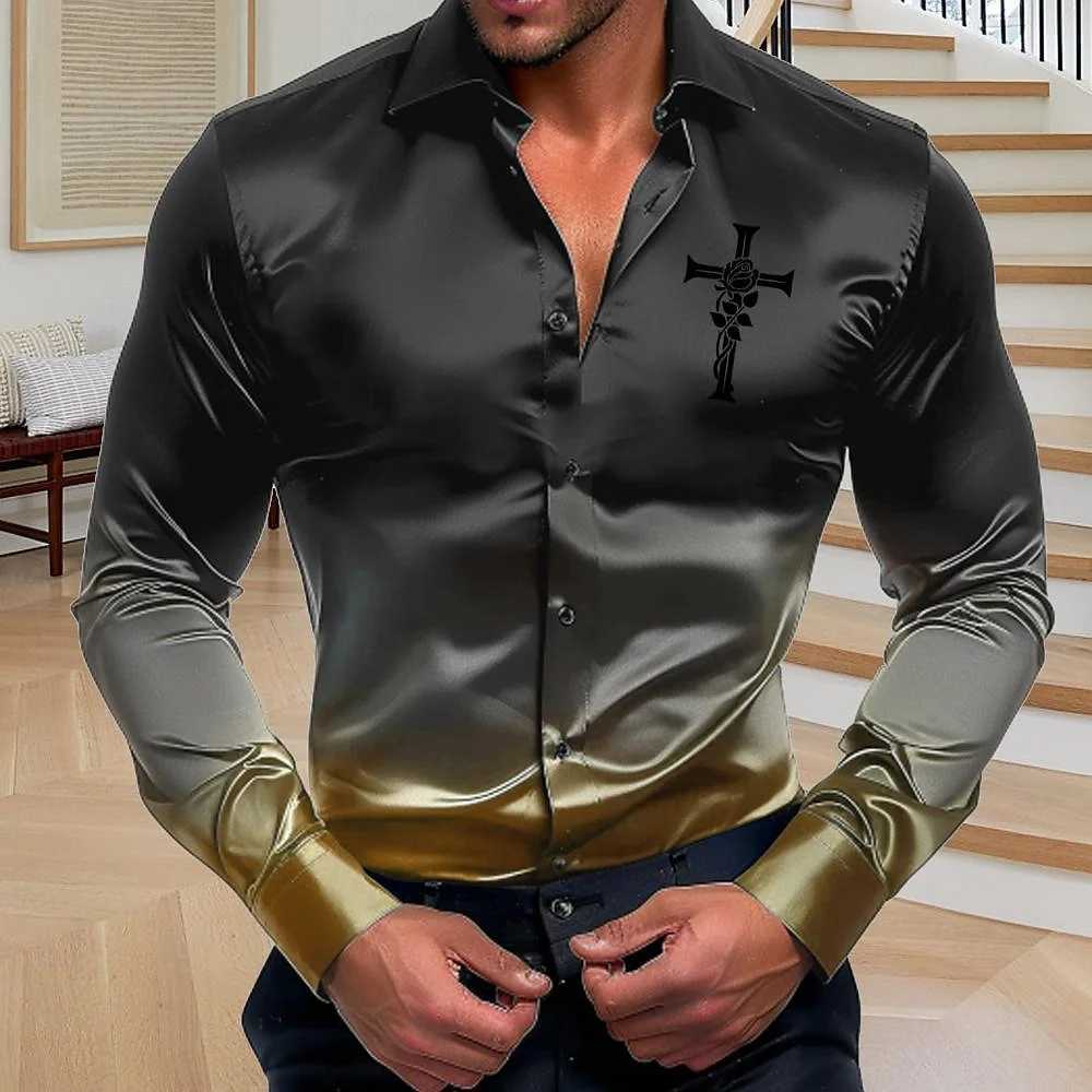 New color changing lapel mens button up shirt with printed long sleeves fashionable and comfortable outdoor street holiday shiXJ250121