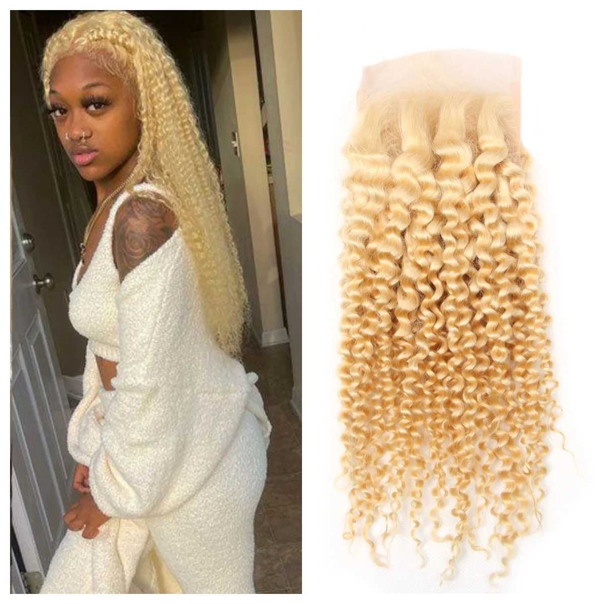 613 Honey Blonde Kinky Curly 4x4 Lace Clo Free Part Transparent Lace 100% Human Hair Pre Plucked With Baby Hair 10-20 InchesXJ250120