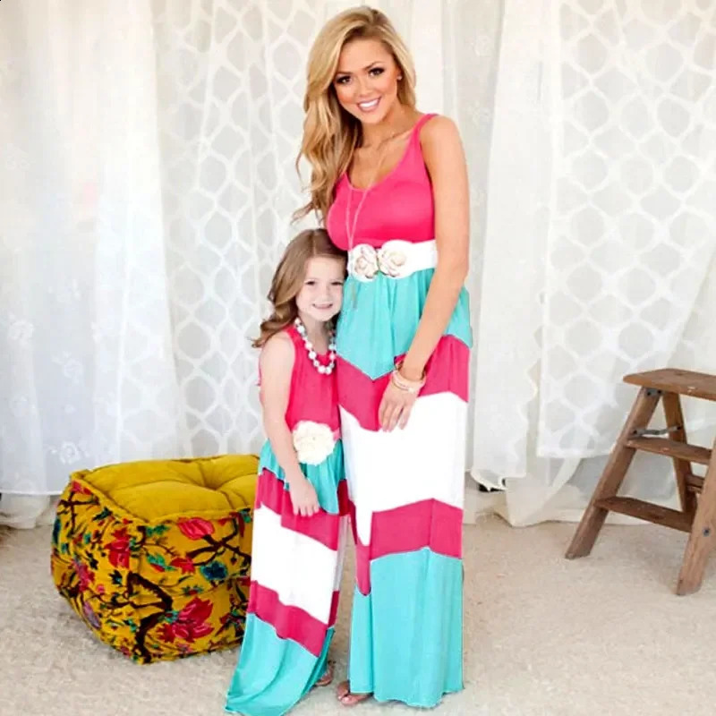 Family Matching Mother Daughter Dresses Parent-child Clothes Striped Mom Dress Kids Child Outfits Mum Baby Girl Summer Mommy 250117