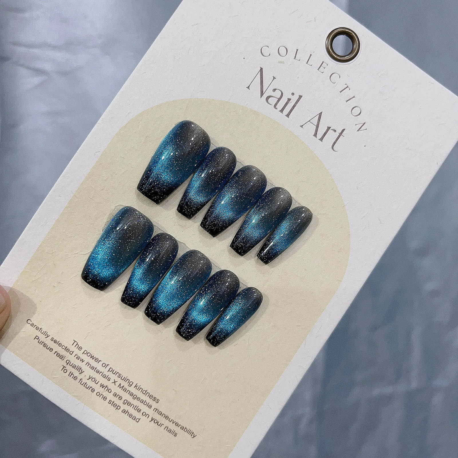100% Handmade Press On Nails with Blue Cat Eye Effect Medium Coffin Shape Cool and Modern In Emmabeauty Store No. EM19152 250108