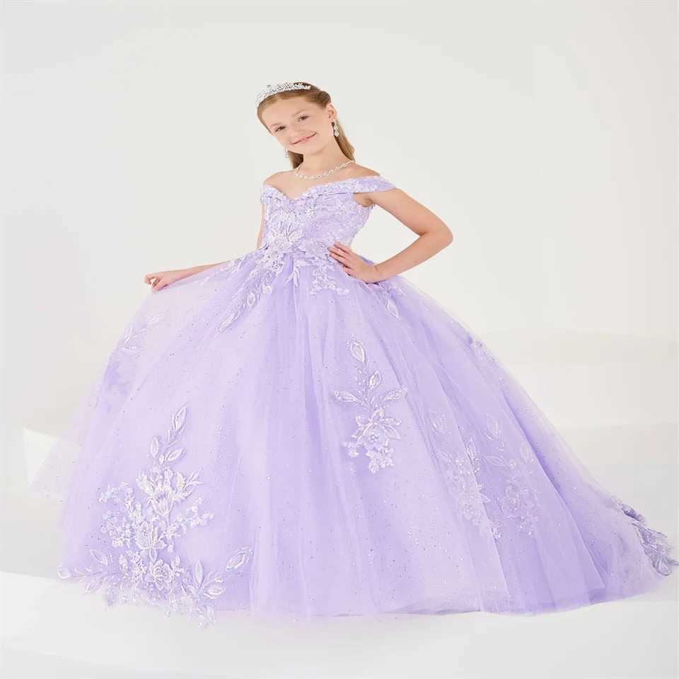 New Sky Blue Flower Girl Dress Elegant Appliqu V-Neck Off-The-Shoulder Graduation Celebration Baptism Pageant Birthday Junior X250203