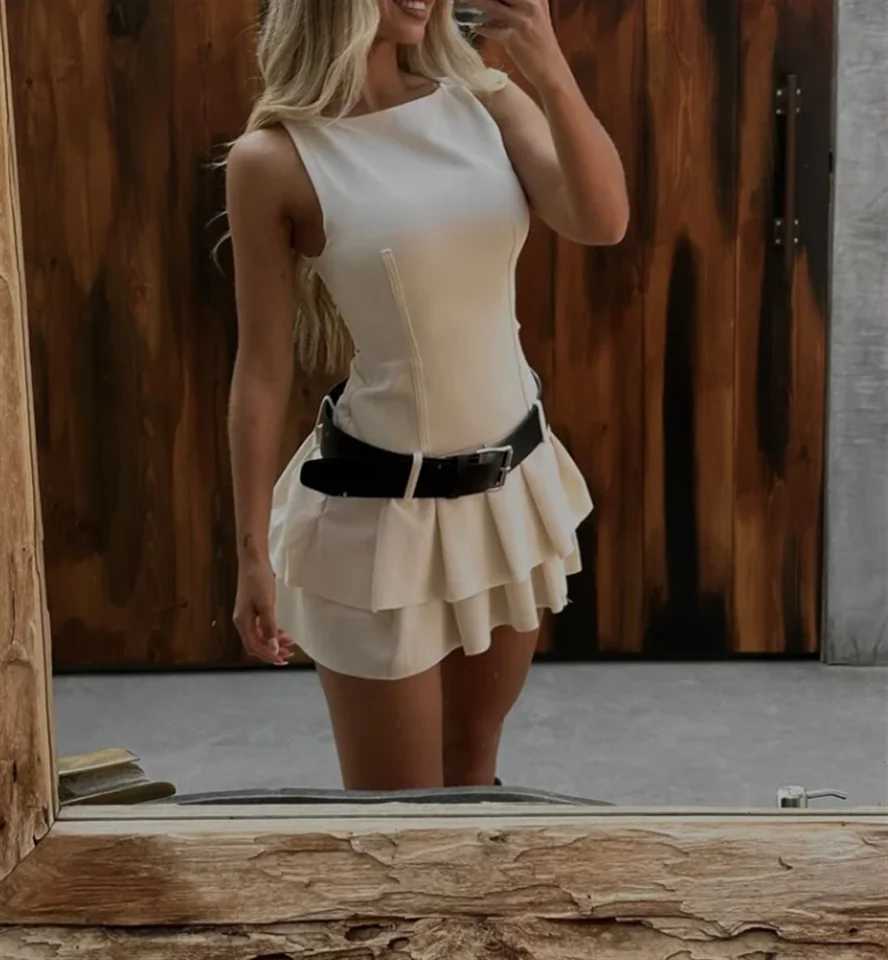 Womens Solid Color Pleated Dress Sveless O-neck Belt Decoration Fashion Ele Short Dresses Slim Street Casual Party SkirtXJ250115