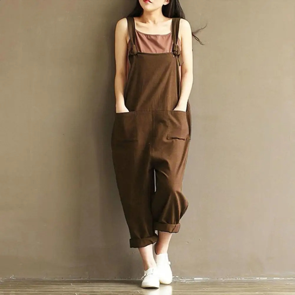 Women Jumpsuits Solid Color Straps n Pants Pocket Loose Rompers Lady Soft Clothing For Daily Wear 250113