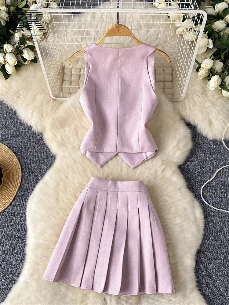 SINGREINY French 2pcs Suit Women Summer Single Breasted Basic CamisoleZipper n Pleated Skirt Ladies Fashion Two Pieces Set 250116