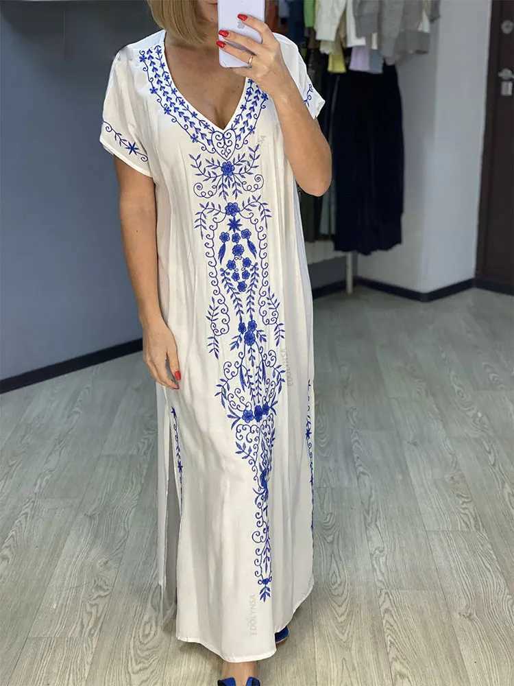 2023 Embroidery Kaftan Beach Cover Up Saida de Praia Swimsuit Women Bikini Cover-ups Tunic for Beach Pareo Sarong Beachwear Q790 W250120