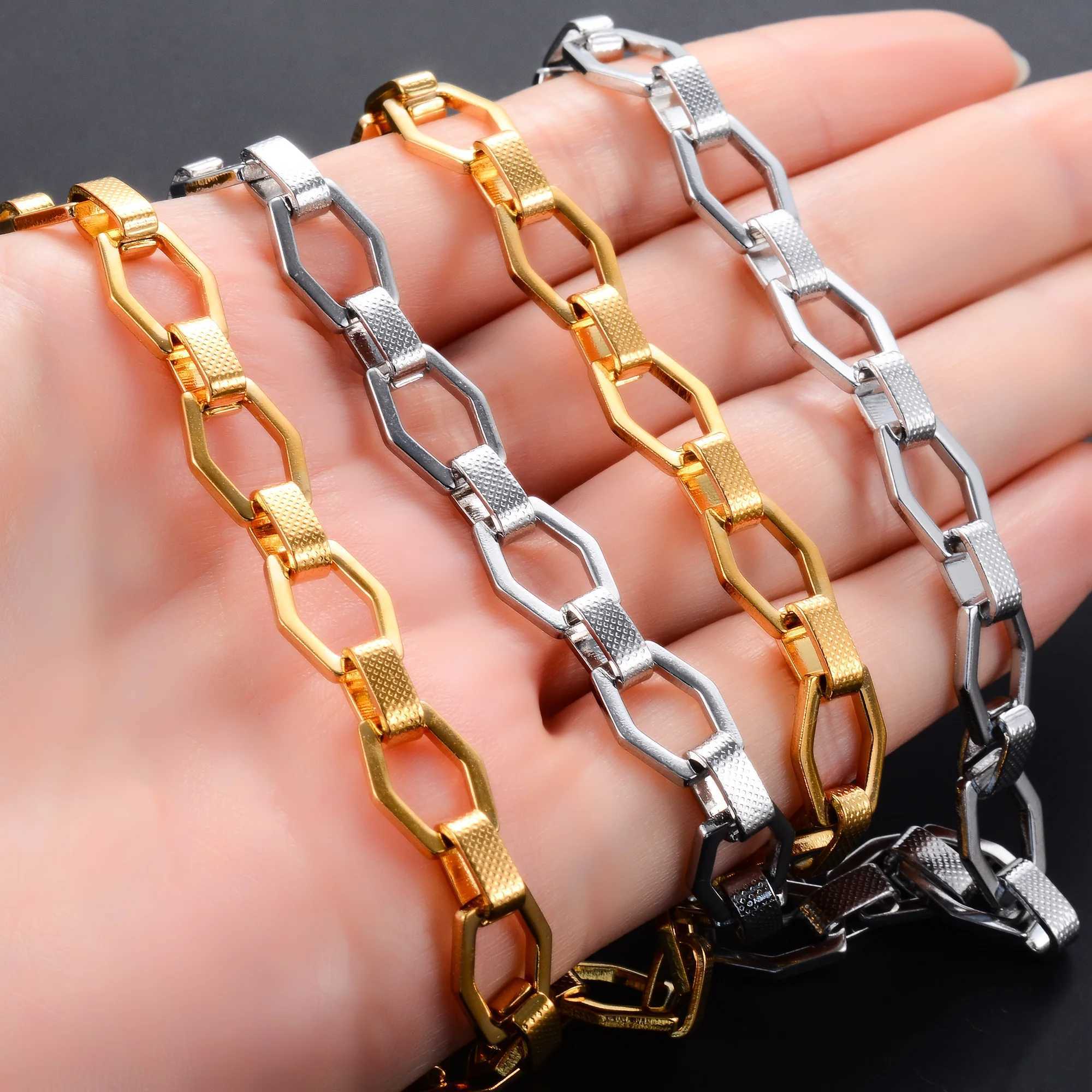 9mm Stainless Steel Link Hexagon Neck Chain Necklace for Women Men Handmade Geometric Chunky Choker Punk Rock Boy Metal JewelryXJ250121